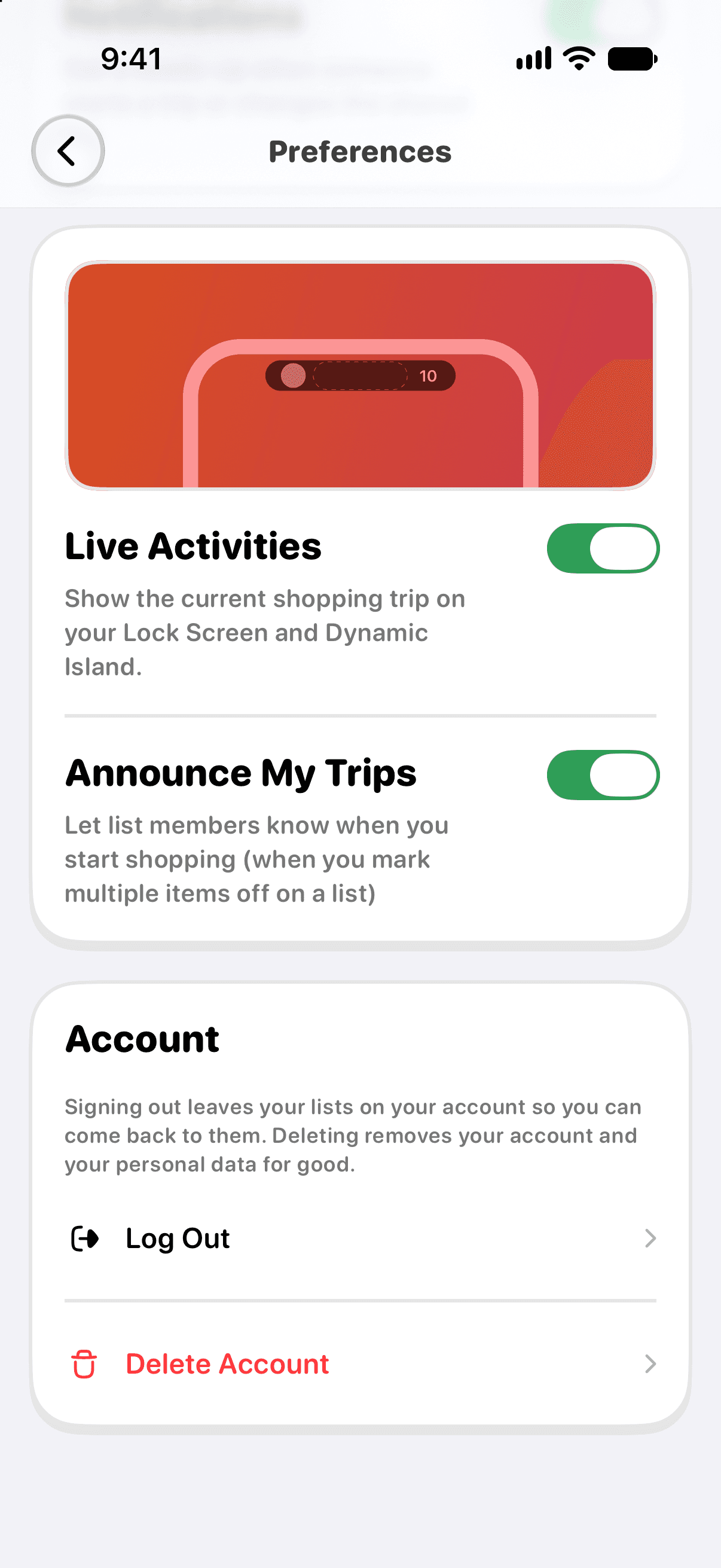 Preferences with Delete Account outlined in red.