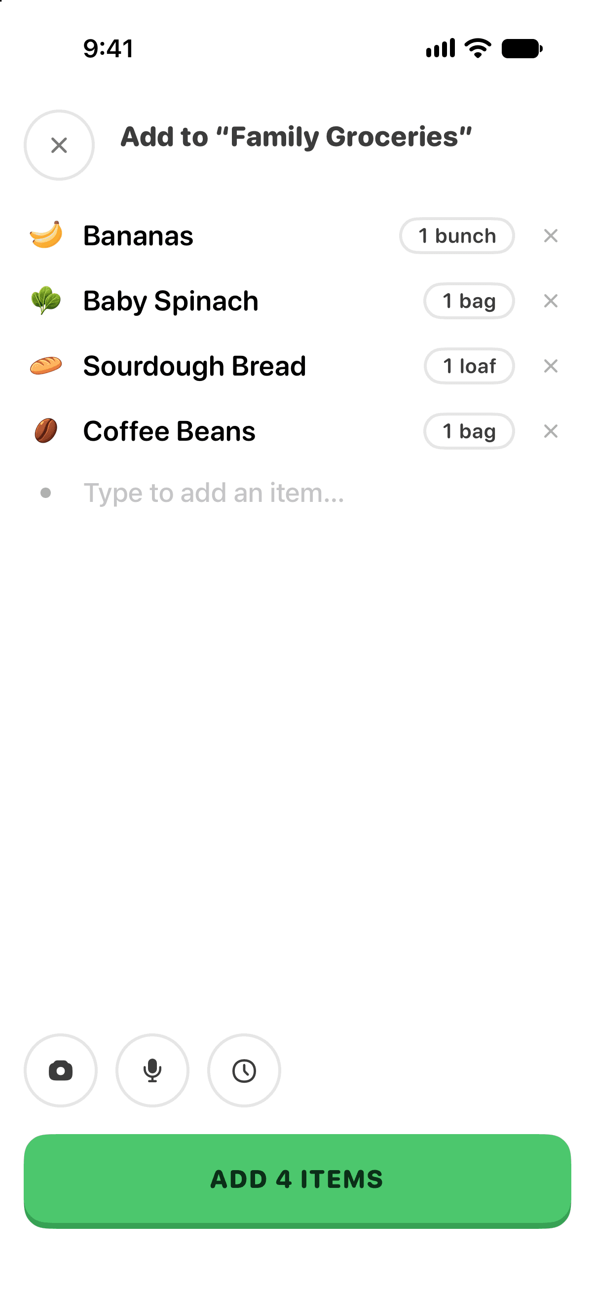 Add items screen with the quantity labels outlined in red.