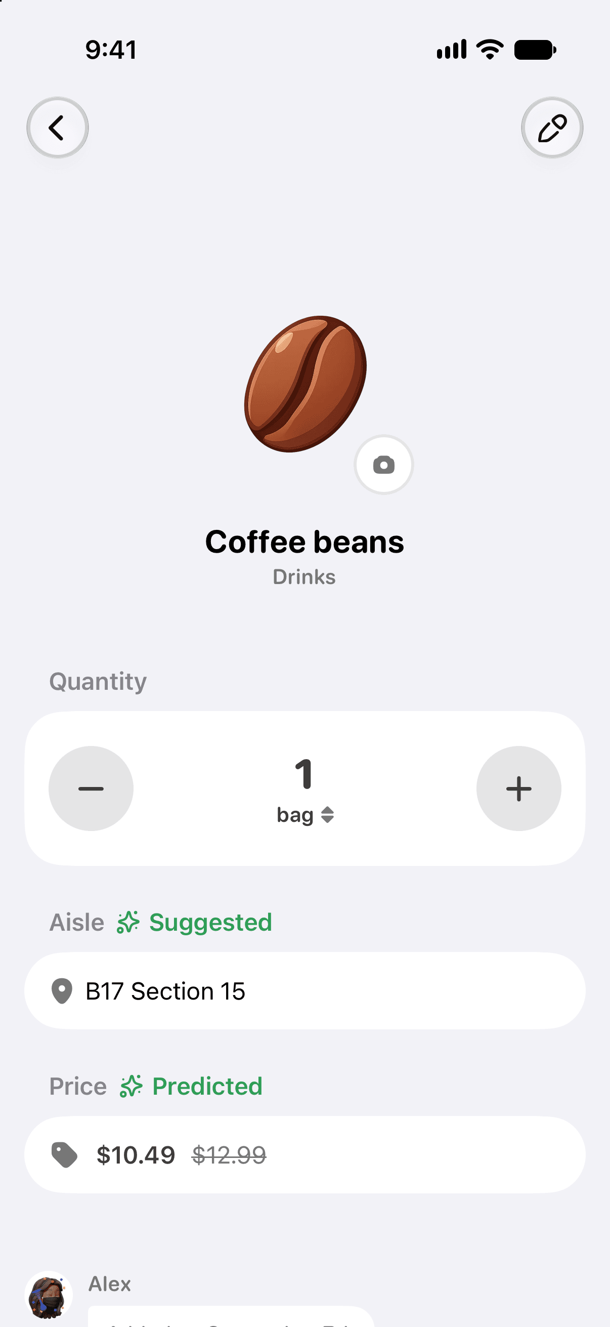 Coffee beans details with the predicted price outlined in red.