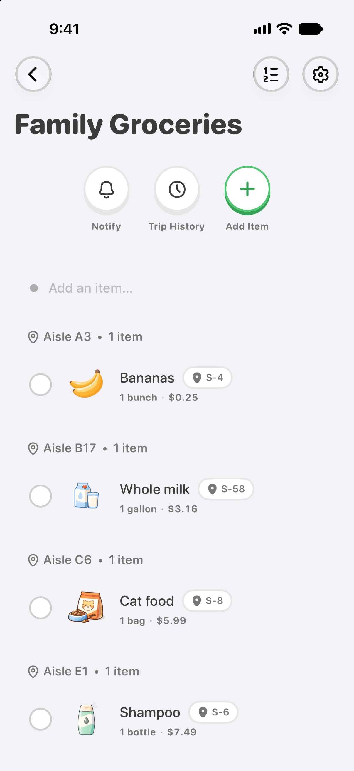 Grocery list with the check-off circle beside Bananas outlined in red.