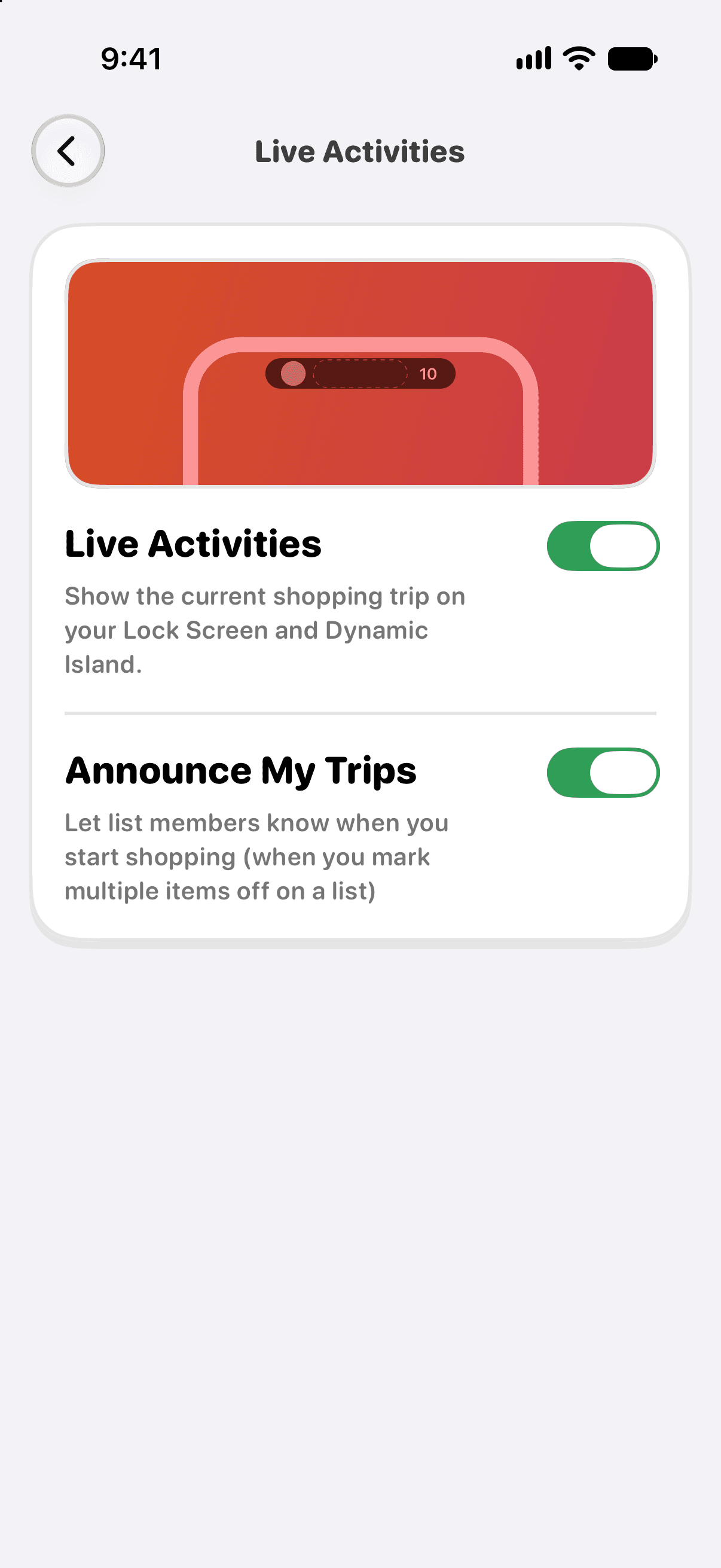 Live Activities settings with the Live Activities switch outlined in red.