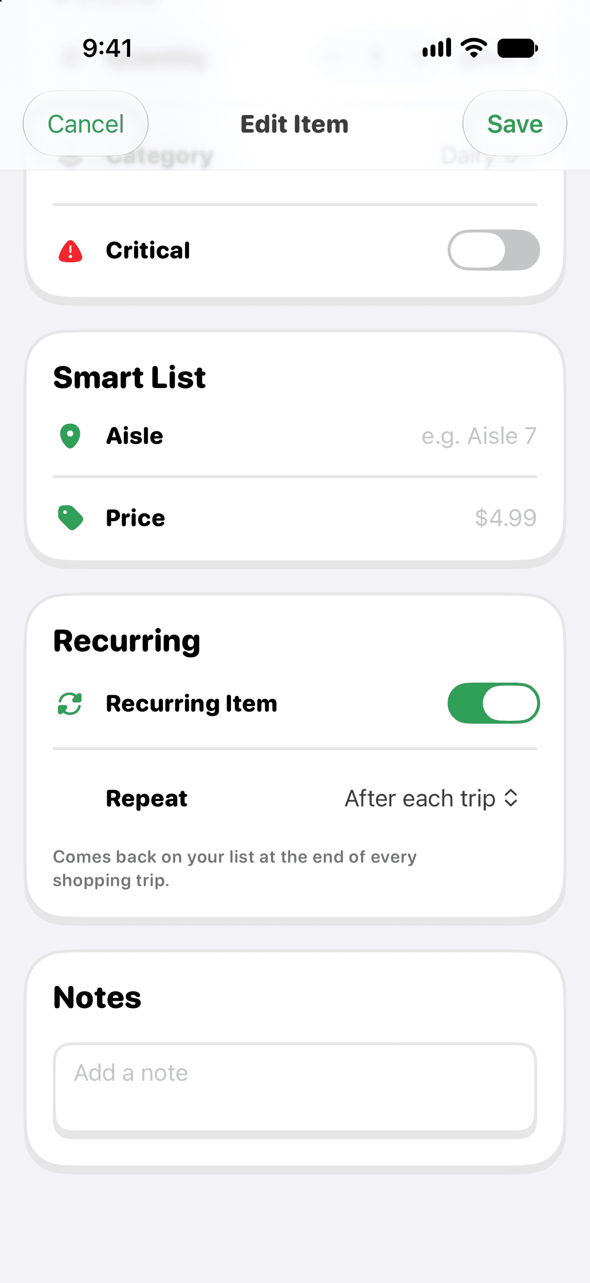 Edit Item screen with the recurring switch and repeat schedule outlined in red.