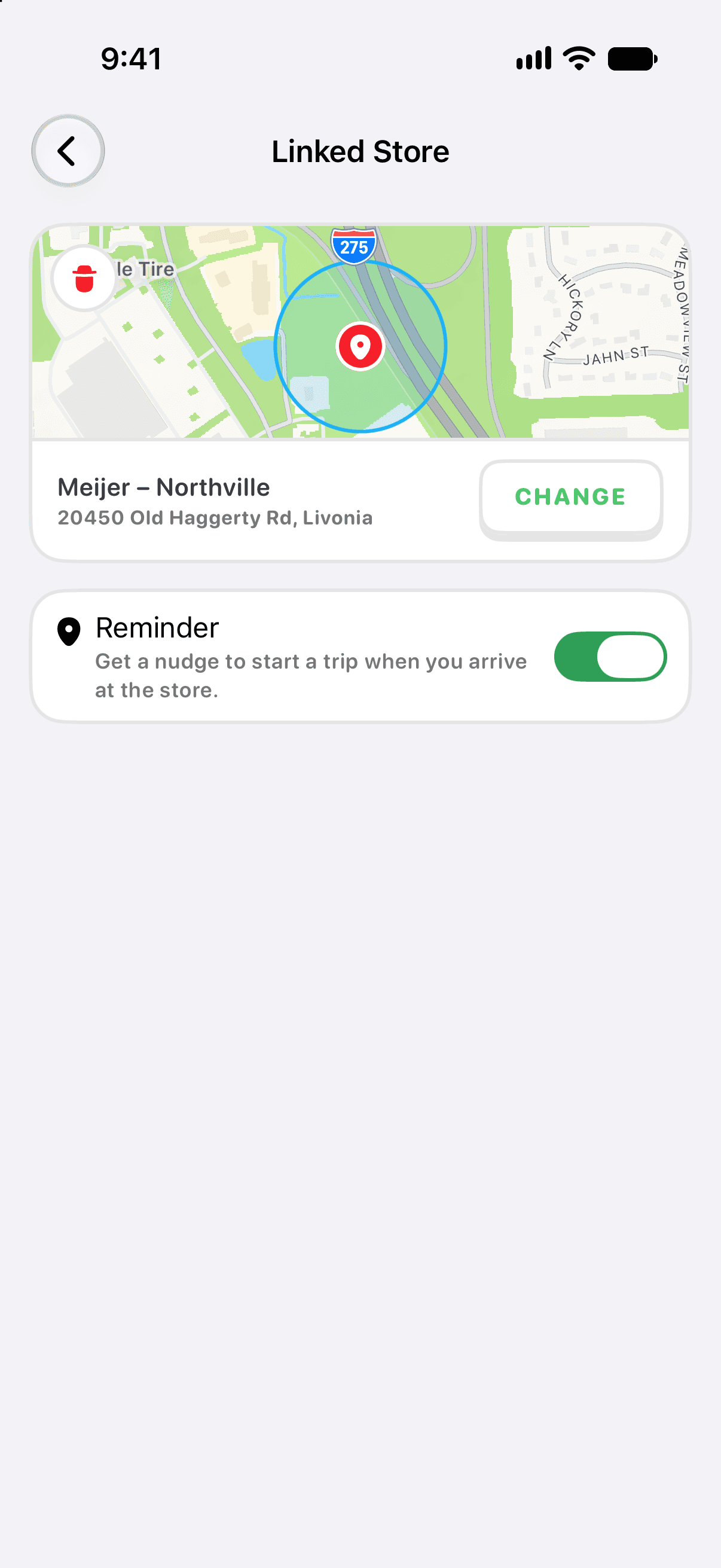 Linked Store screen with the selected Meijer location outlined in red.
