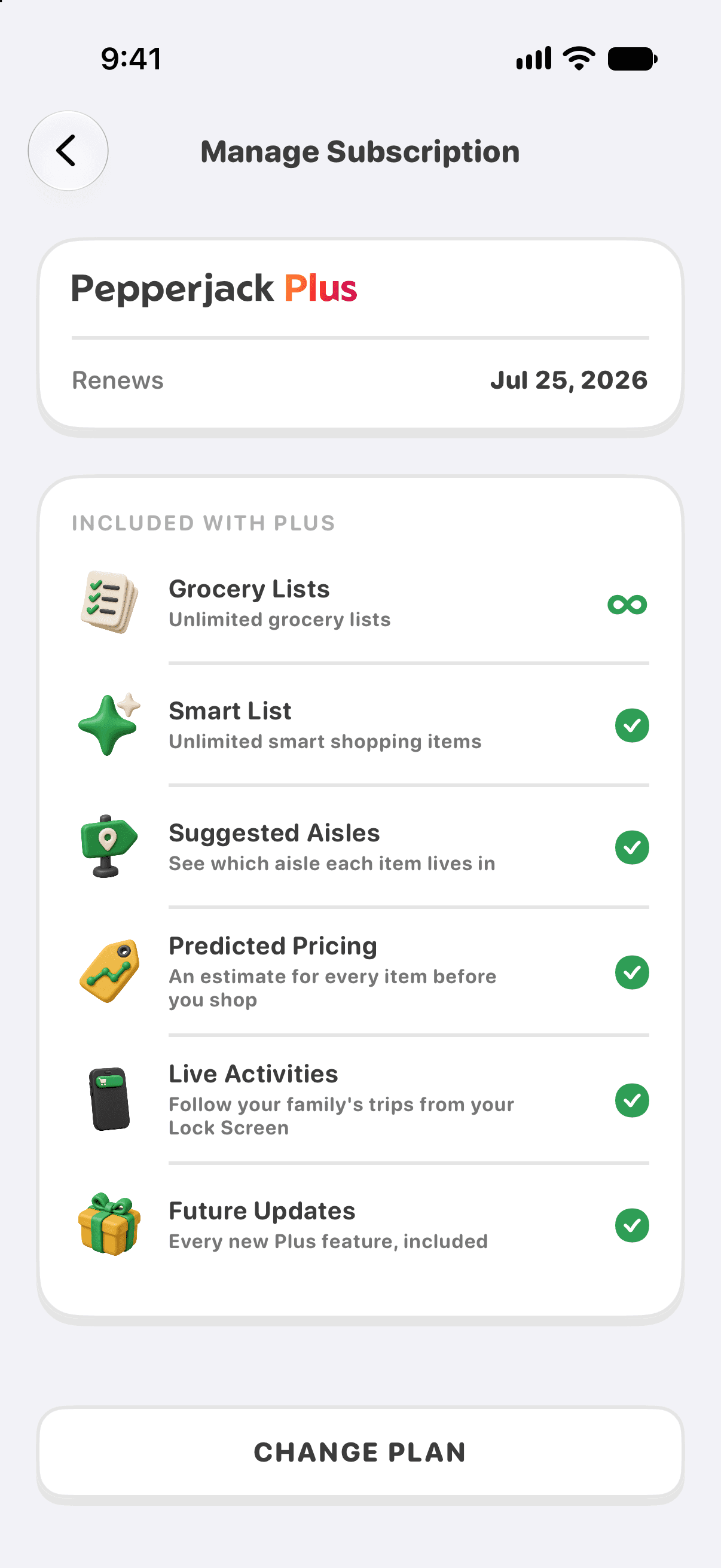 Manage Subscription screen with Change Plan outlined in red.