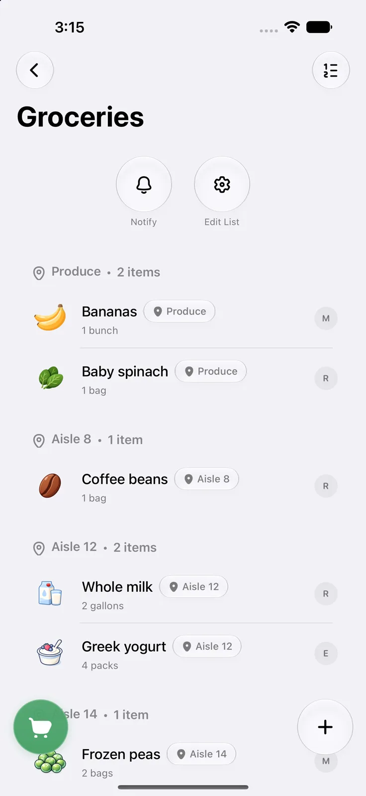 A grocery list automatically grouped by aisle, with an aisle chip on every item
