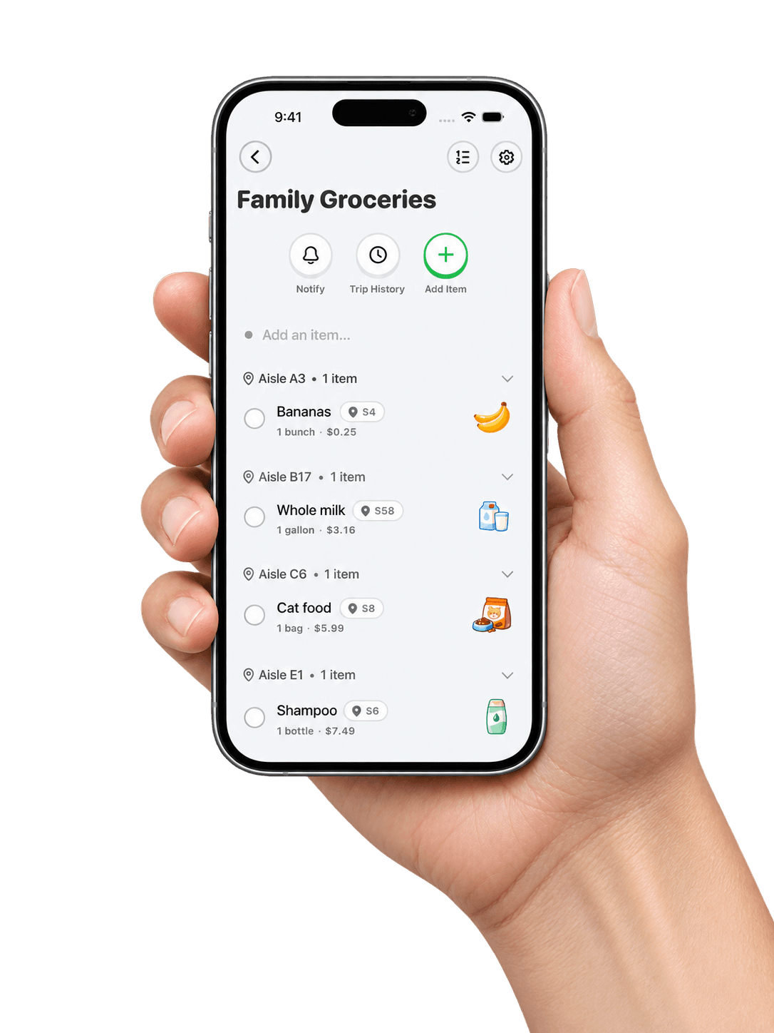 A hand holding an iPhone displaying Pepperjack’s Family Groceries list with aisle predictions and item prices