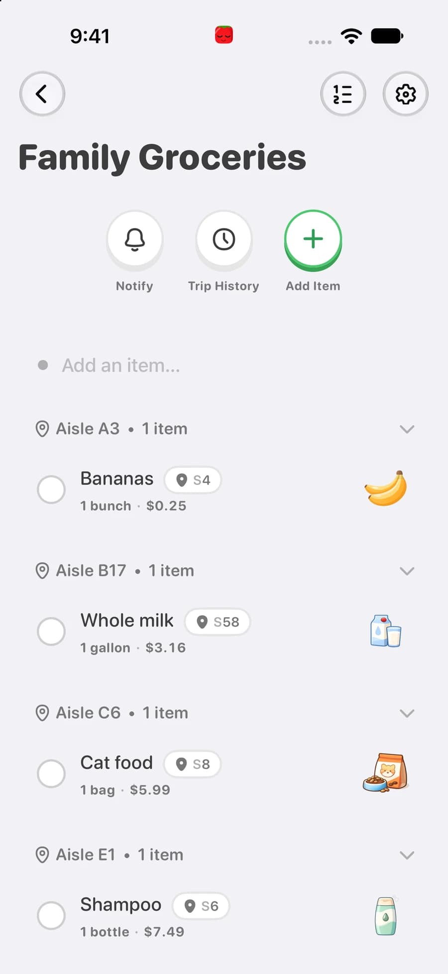 The shared Family Groceries list with aisle suggestions